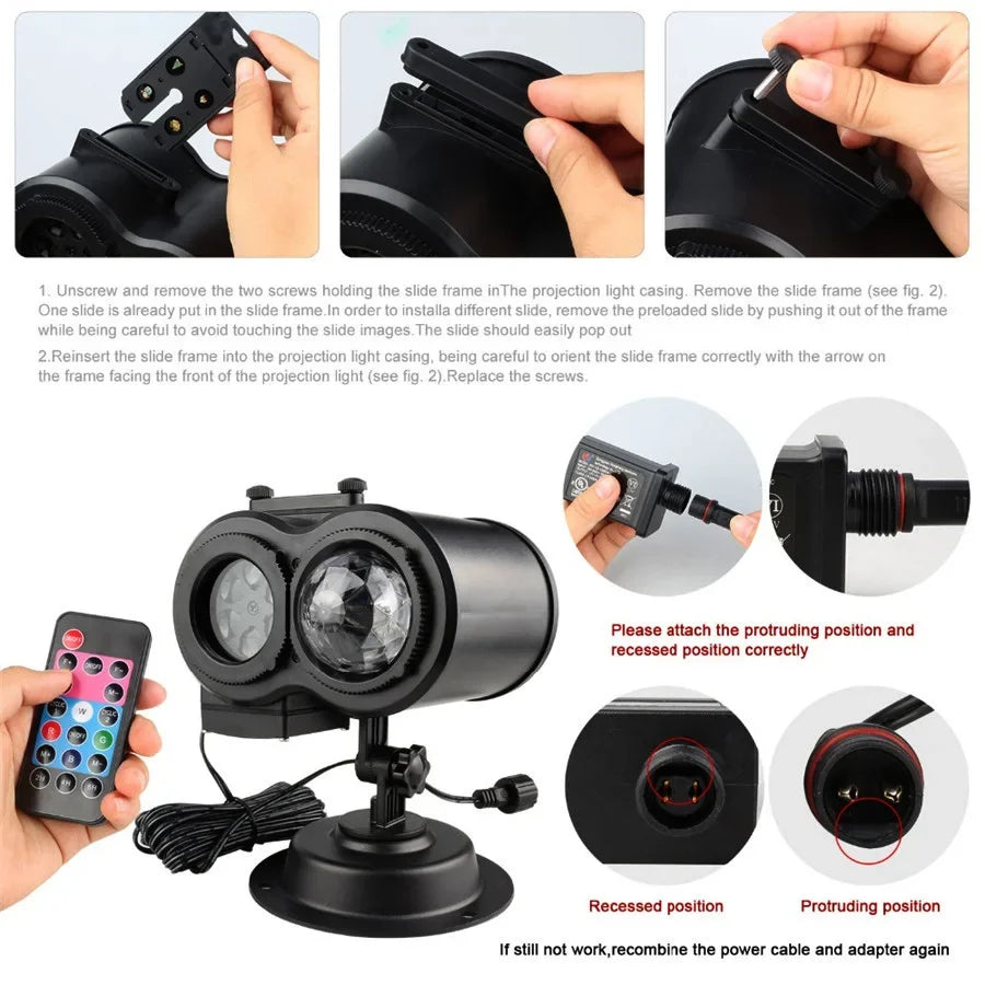 2 IN 1 Outdoor Christmas Projector Lights 16 Patterns Snowflakes Landscape Projector Lamp with Remote for Halloween Party Decor