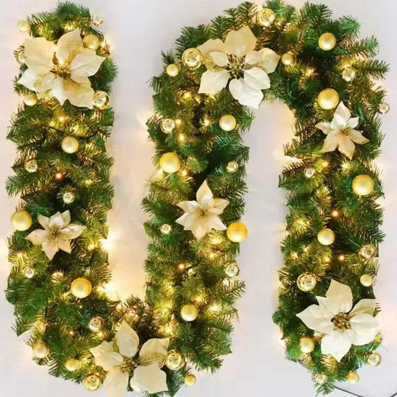 2.7m Luxury Christmas LED Cane Wreath Decoration With Lanterns Green Artificial Christmas Tree Banner Party New Year's door Wrea