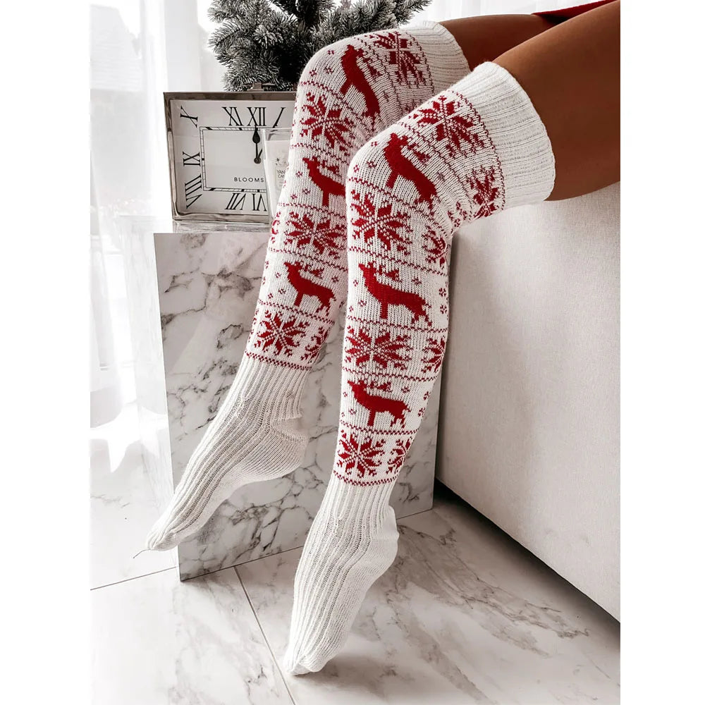 Women Christmas Knitted Cotton Woolen Stocks Warm Thigh High Over the Knee Cute Deer Printing Sockings Twist Cable Crochet Xmas