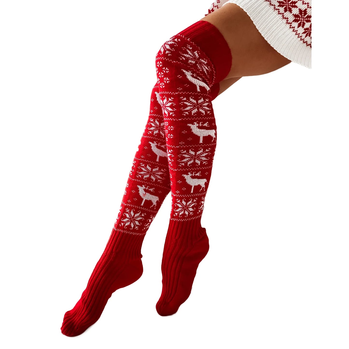 Women Christmas Knitted Cotton Woolen Stocks Warm Thigh High Over the Knee Cute Deer Printing Sockings Twist Cable Crochet Xmas