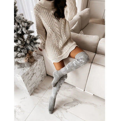 Women Christmas Knitted Cotton Woolen Stocks Warm Thigh High Over the Knee Cute Deer Printing Sockings Twist Cable Crochet Xmas