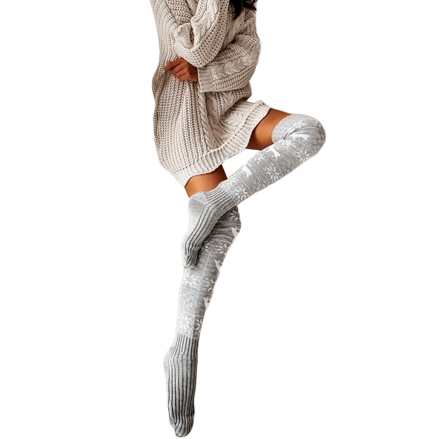 Women Christmas Knitted Cotton Woolen Stocks Warm Thigh High Over the Knee Cute Deer Printing Sockings Twist Cable Crochet Xmas