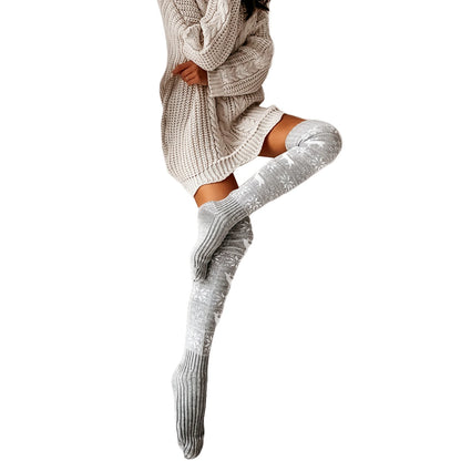 Women Christmas Knitted Cotton Woolen Stocks Warm Thigh High Over the Knee Cute Deer Printing Sockings Twist Cable Crochet Xmas