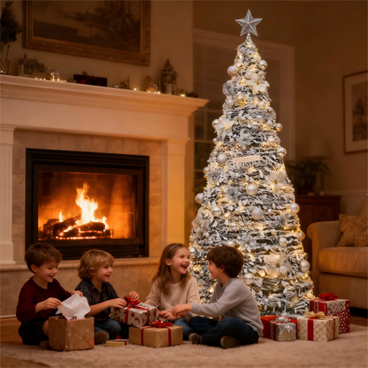 Snow Flocked Christmas Tree with Ornaments & Star Topper, 6ft/7ft/8ft Artificial Xmas Tree for Home Party Holiday Decoration