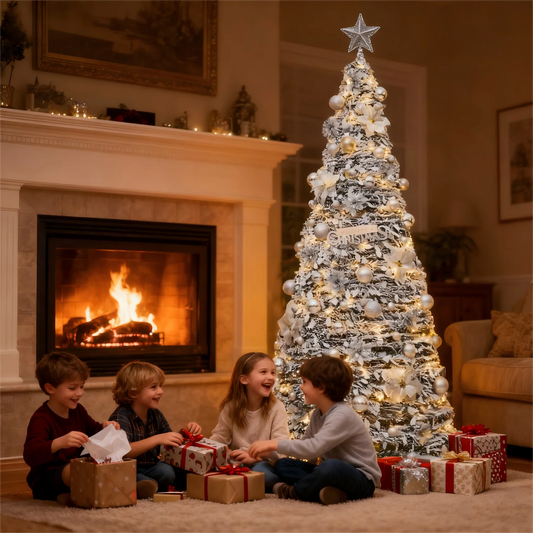 Snow Flocked Christmas Tree with Ornaments & Star Topper, 6ft/7ft/8ft Artificial Xmas Tree for Home Party Holiday Decoration