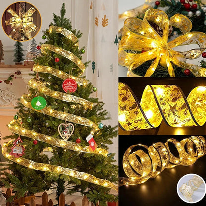 Christmas Ribbon Fairy Light 1/5/10M LED Christmas Tree Decoration DIY Bows String Lights Home Decor Ornament Accessories