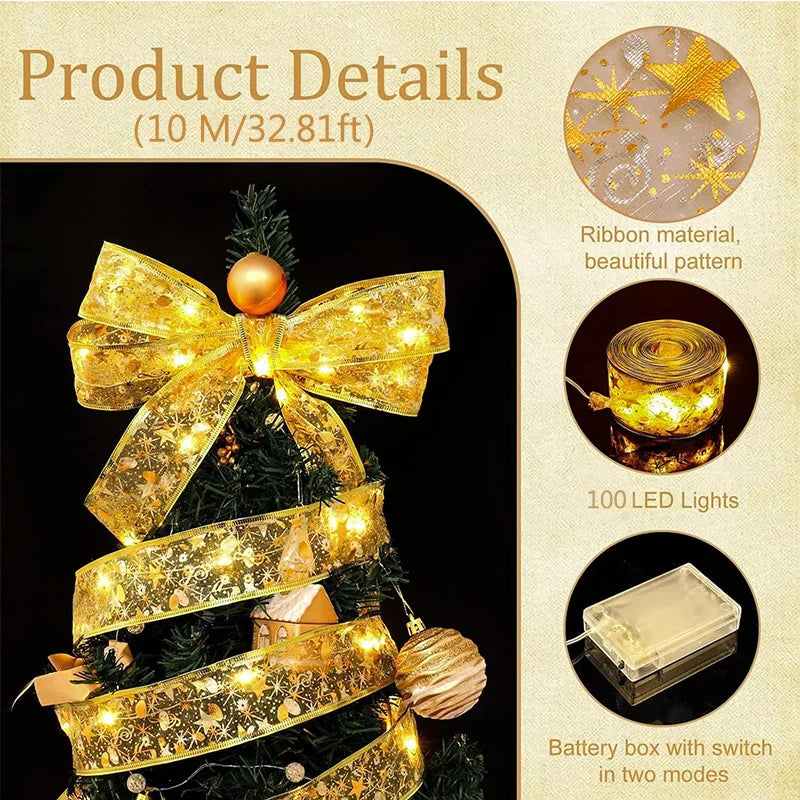 1-10M Christmas luminous lights decoration golden Ribbon Fairy String Lights for Home Party Christmas tree supplies decor