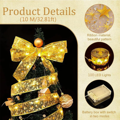 1-10M Christmas luminous lights decoration golden Ribbon Fairy String Lights for Home Party Christmas tree supplies decor