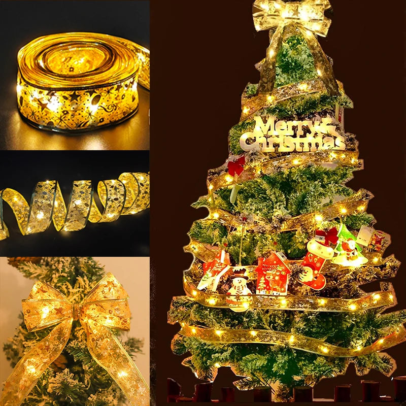 1-10M Christmas luminous lights decoration golden Ribbon Fairy String Lights for Home Party Christmas tree supplies decor