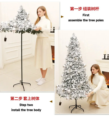 Snow Flocked Christmas Tree with Ornaments & Star Topper, 6ft/7ft/8ft Artificial Xmas Tree for Home Party Holiday Decoration