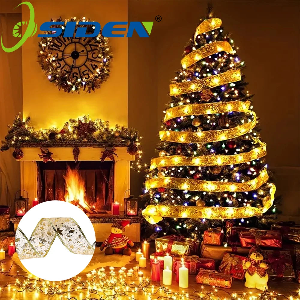 Christmas Ribbon Fairy Light 1/5/10M LED Christmas Tree Decoration DIY Bows String Lights Home Decor Ornament Accessories