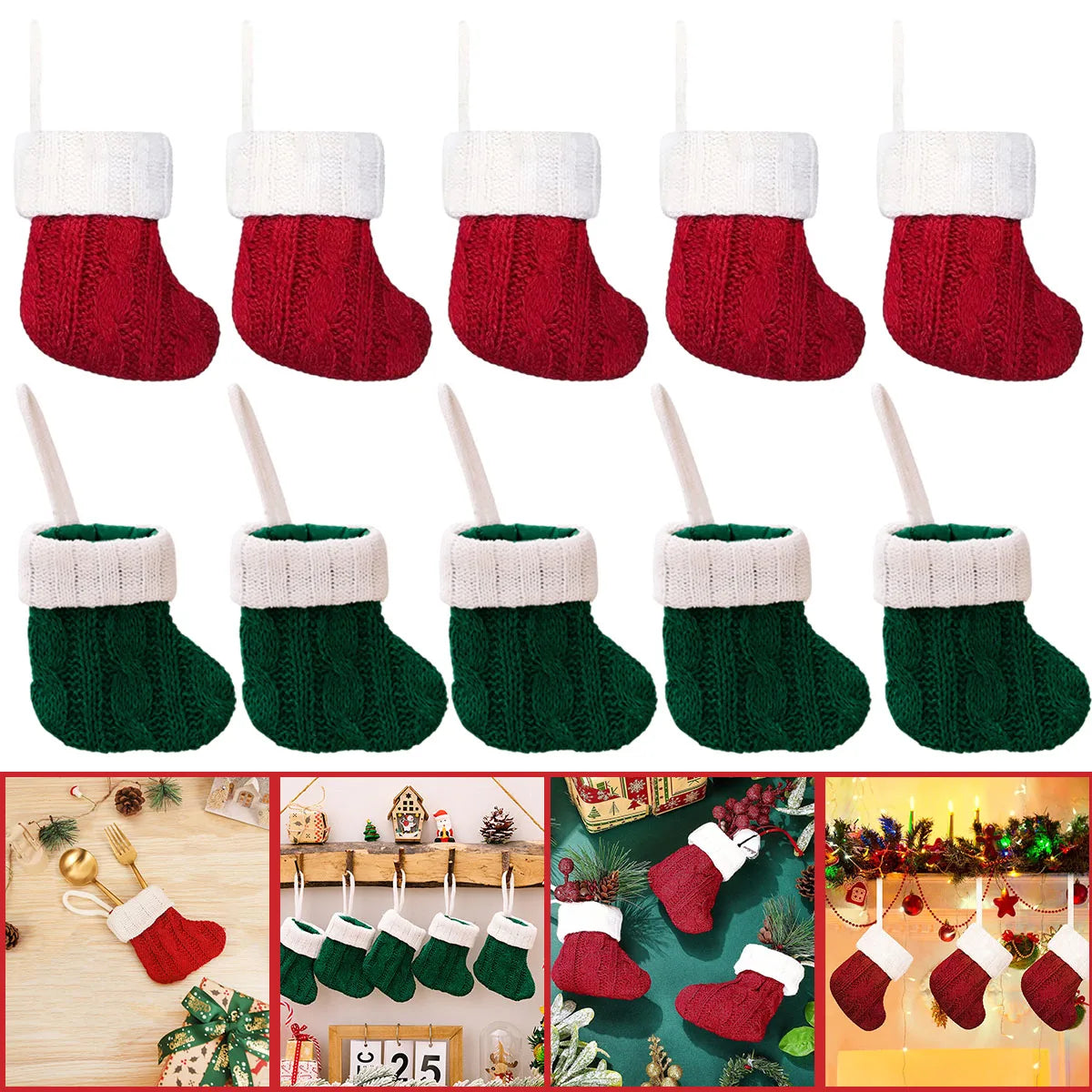 5/10Pcs Mini Christmas Stockings Knitted Xmas Hanging Socks Tree Felt Pendent Crafts Kids Favor Home Party Decor Supplies