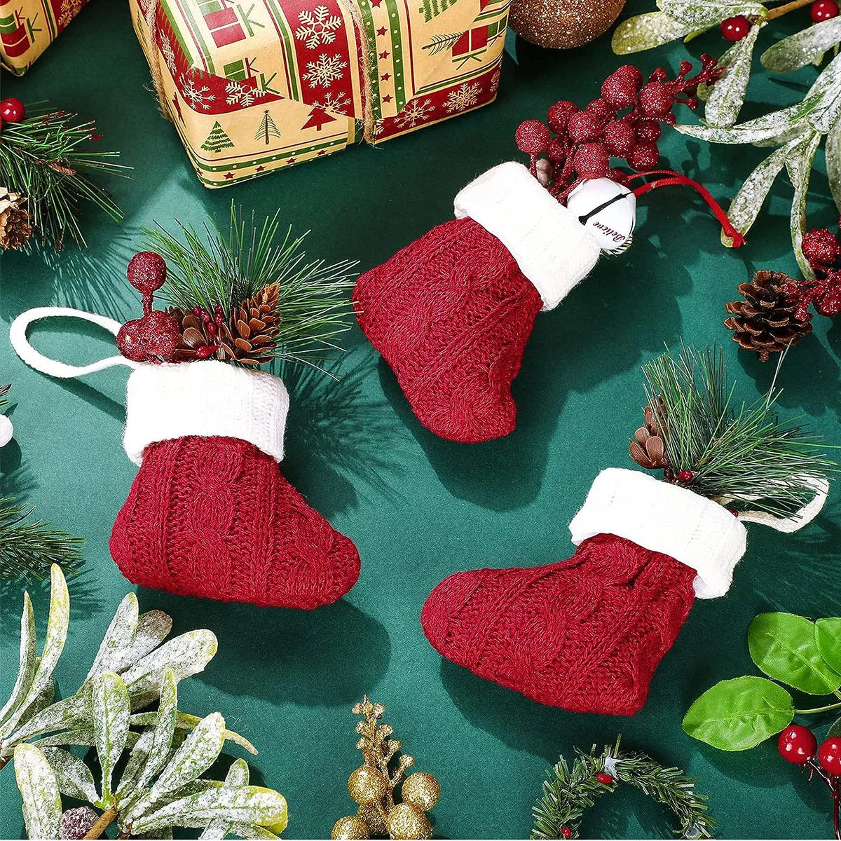 5/10Pcs Mini Christmas Stockings Knitted Xmas Hanging Socks Tree Felt Pendent Crafts Kids Favor Home Party Decor Supplies