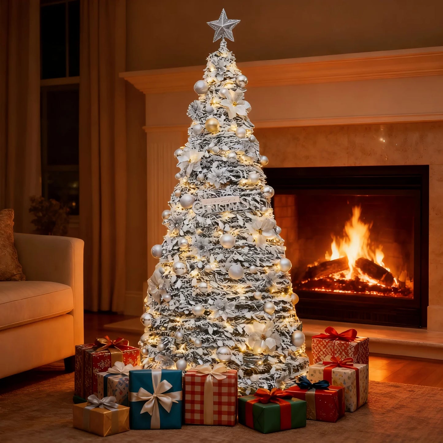 Snow Flocked Christmas Tree with Ornaments & Star Topper, 6ft/7ft/8ft Artificial Xmas Tree for Home Party Holiday Decoration