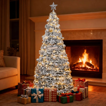 Snow Flocked Christmas Tree with Ornaments & Star Topper, 6ft/7ft/8ft Artificial Xmas Tree for Home Party Holiday Decoration