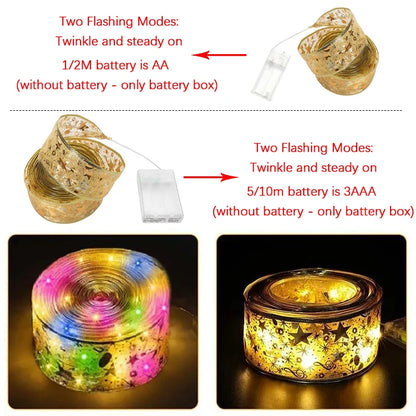 1/2/5/10M LED Ribbon Fairy Lights 2025 New Year Christmas Tree Hanging Ornaments Garden Wedding Party Bedroom Decoration Garland