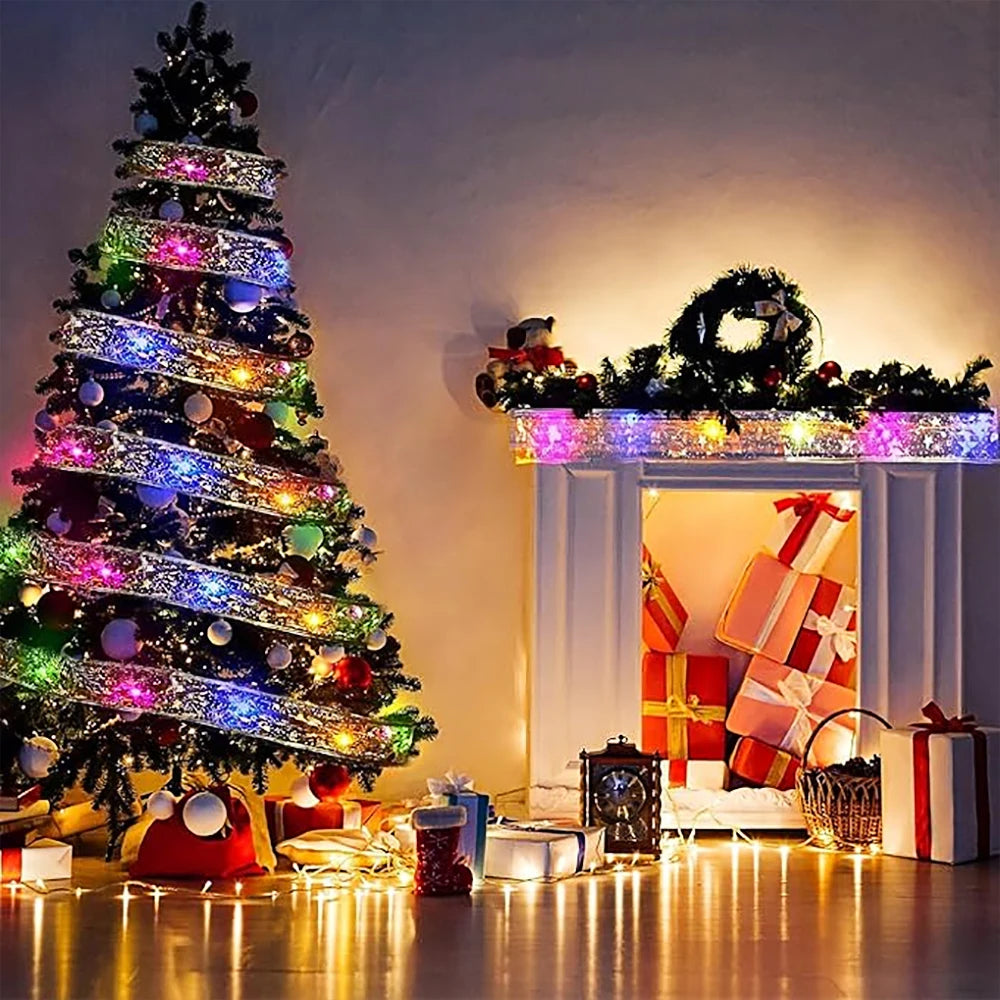 Christmas Ribbon Fairy Light 1/5/10M LED Christmas Tree Decoration DIY Bows String Lights Home Decor Ornament Accessories