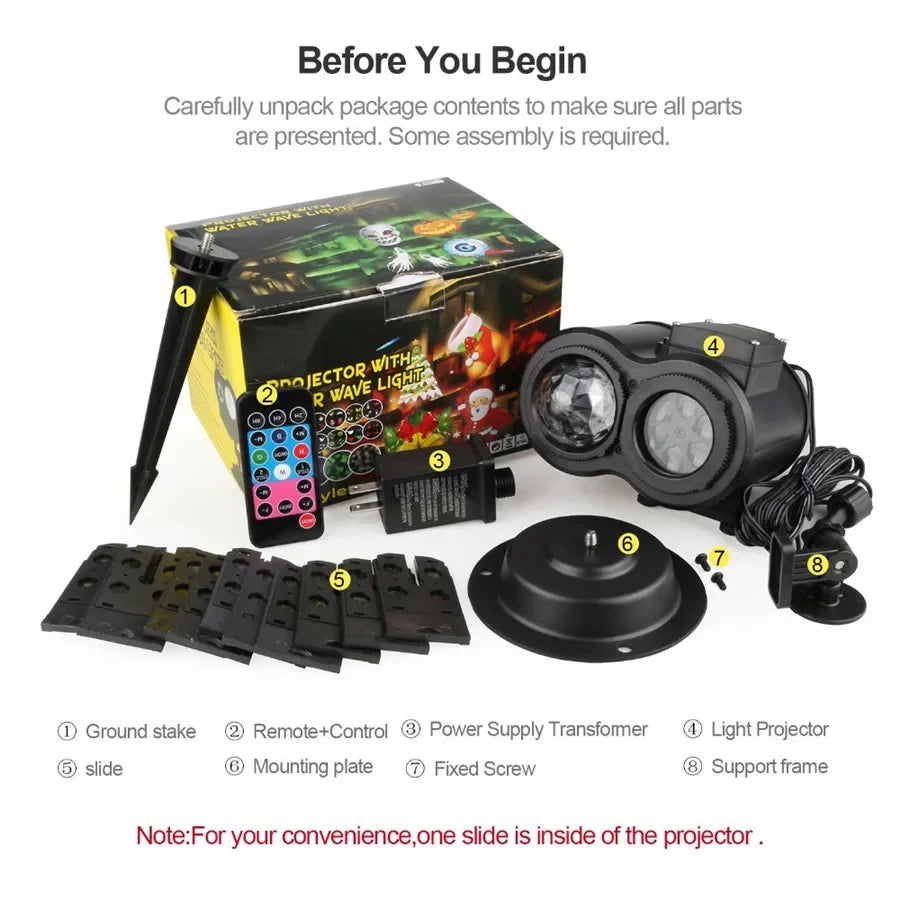 2 IN 1 Outdoor Christmas Projector Lights 16 Patterns Snowflakes Landscape Projector Lamp with Remote for Halloween Party Decor