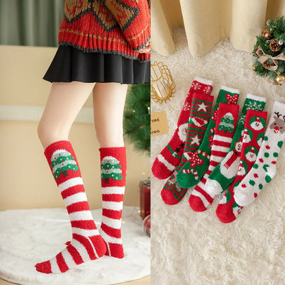 Christmas Socks Women Coral Fleece Winter Socks Thickened Knee High Long Tube Stockings Leg Warmer Calf Socks for Girls